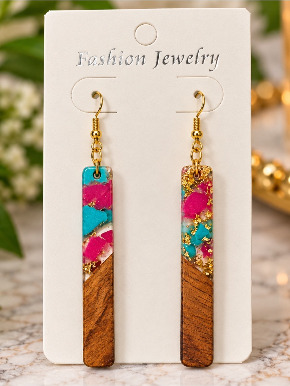 Fashion Jewelry Gold-Tone Pink, Turquoise & Wood Bar Drop Earrings